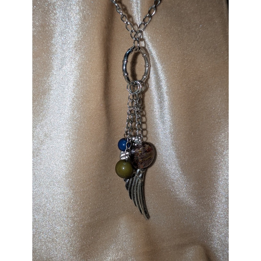Silver Tone Angel Wing Charm Necklace Mixed Bead Boho Whimsigoth 17 Inch